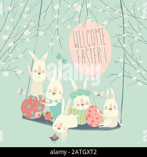 Cute cartoon bunny with Easter eggs and flowers Stock Vector