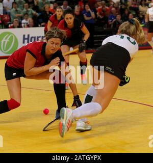 London, UK. 2nd Feb, 2020. Jaffa Super 6's - Copper Box Arena Queen Elizabeth Olympic Park, London, UK. 2nd Feb, 2020. Buckingham on their way to defeat Bowdon Hightown (4-3) in the Women's Championship Final of the Jaffa Super 6's Credit: Grant Burton/Alamy Live News Stock Photo