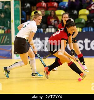 London, UK. 2nd Feb, 2020. Jaffa Super 6's - Copper Box Arena Queen Elizabeth Olympic Park, London, UK. 2nd Feb, 2020. Buckingham on their way to defeat Bowdon Hightown (4-3) in the Women's Championship Final of the Jaffa Super 6's Credit: Grant Burton/Alamy Live News Stock Photo