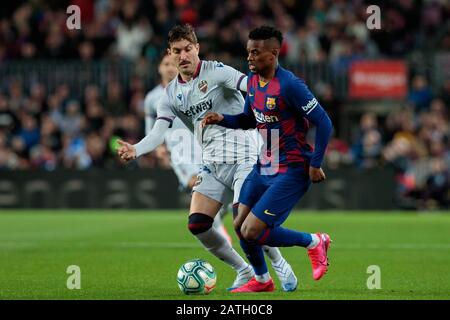 Barcelona, Spain. 02nd Feb, 2020. Nelson Semedo of FC Barcelona in action with Jose Campana of Levante UD during the Liga match between FC Barcelona and Levante UD at Camp Nou on February 02, 2020 in Barcelona, Spain. Credit: Cal Sport Media/Alamy Live News Stock Photo