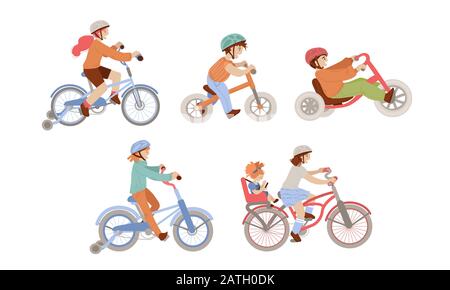 Set of children riding bicycles of different types - city, 4 wheel, balance bike and bmx bicycle with Child Seat, Baby Carrier Seat. Kids doing summer Stock Vector