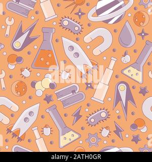 Back to school pattern. Science flat seamless pattern with scientific elements - molecule, atom structure, rocket, books, water and other on one Stock Vector