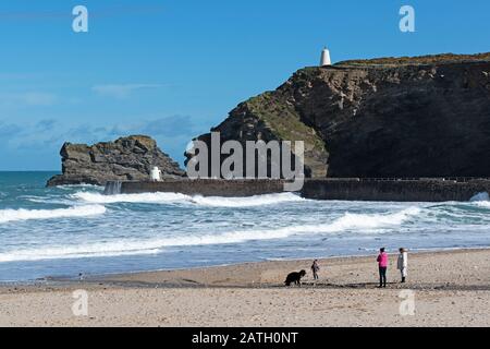 sunny day at portreath beach, cornwall, england. Stock Photo