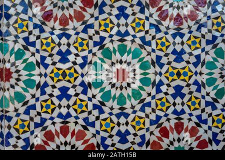 Multi-colored ornamental wall mosaic in Morocco Stock Photo
