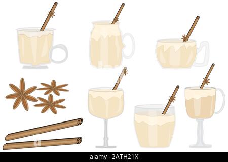 Set of Christmas drink egg nog.Glasses winter drink of egg-nog with a cinnamon stick. Egg Nog isolated on white background.Tasty holiday drinks.Vector Stock Vector