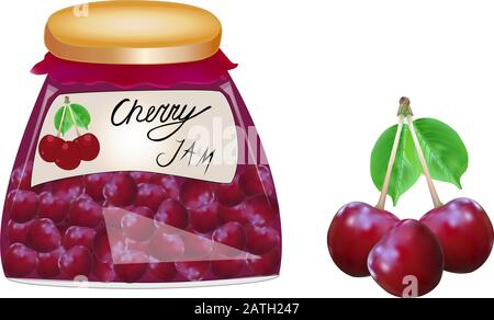 Vegan jam in a jar, made of ripe cherry. Fresh berries with leaves, isolated. Glass jar with preserve jam on white background. Label for jam. Vector Stock Vector