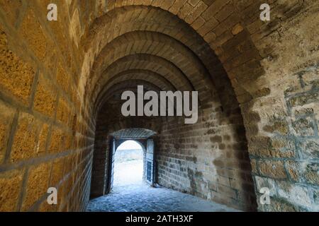 The spiral arches inside the ancient Portuguese built Diu Fort in the island of Diu in India. Stock Photo