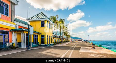 Colorful houses at the cruise terminal and port of Nassau, Bahamas. Stock Photo