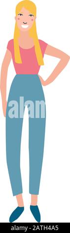 Female cartoon character standing in jeans and t short. Trendy flat vector illustration. Young woman student character. White background isolated. Stock Vector