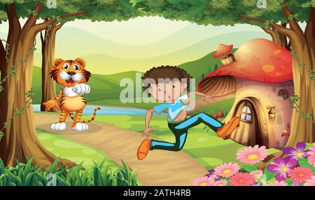 boy is running while saw a lion Stock Vector