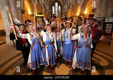 Morris Dancers pictured as a group at Boxgrove Priory near Chichester, West Sussex, UK. Stock Photo