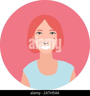 Colourful female face circle in flat style. Cartoon vector icon. Modern design. Woman face. Person silhouette avatar profile. Round portrait isolated. Stock Vector