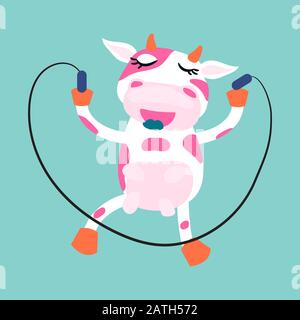 Cute cow rope jumping vector cartoon illustration. Stock Vector