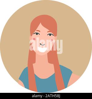 Colourful female face circle in flat style. Cartoon vector icon. Modern design. Woman face. Person silhouette avatar profile. Round portrait isolated. Stock Vector