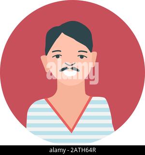 Colourful male face circle in flat style. Cartoon vector icon. Modern design. Men face. Person silhouette avatar profile. Round portrait isolated. Stock Vector