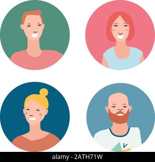 Colourful female and male faces circle in flat style. Cartoon vector icon. Modern design. Woman and men face. People silhouette avatar profile set. Round portrait isolated. Stock Vector