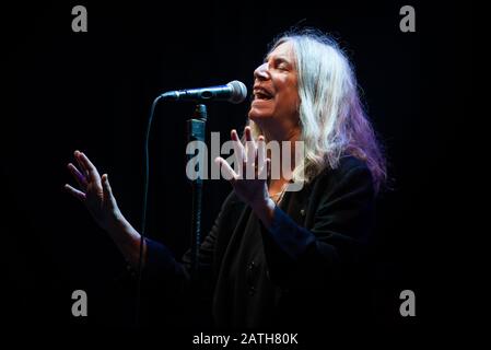 FLOWERS FESTIVAL, TORINO, ITALY - 2015/07/27: The American singer Patricia Lee Smith, better known as Patti Smith, performing live for her “Horses” tour, at the Flowers Festival in Collegno Stock Photo