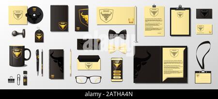 Realistic Corporate Branding template of cup, folder, blank, shirt, envelope, business card, stamp. Business style stationery Mockup set. Vector Stock Vector
