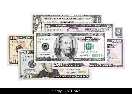 Various US dollar notes. All on white background. Stock Photo
