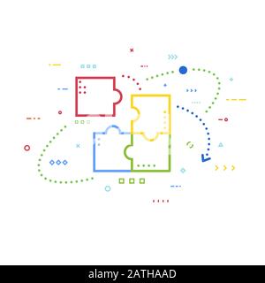 Puzzle business concept. Puzzle and abstract lines, dots and squares. Team building, cooperation, teamwork, fitting structure. Modern line style vecto Stock Vector