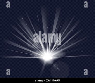 Magic light effect with rays, star dust, center glow on transparent background. Christmas light and sparkles. Glowing burst and lens flare effect. Mag Stock Vector