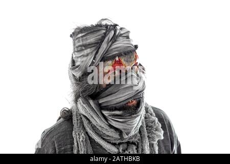 Bloody make up and gray cloths, horror creepy costume for halloween, isolated on white Stock Photo
