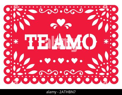 Papel Picado vector design for Valentine's Day, red Te amo (I love you in Spanish) Mexican paper cut out decoration with flowers and geometric shapes Stock Vector