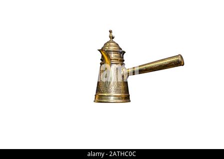 Vintage, copper decorative kettle with a handle on the side, isolated on a white background with a clipping path. Stock Photo