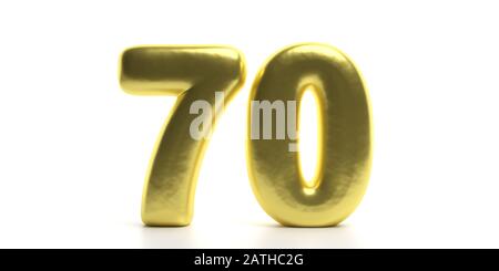 70 Seventy number. Glossy, sparkling and gold color balloon of numeral 70 isolated on white background. 3d illustration Stock Photo