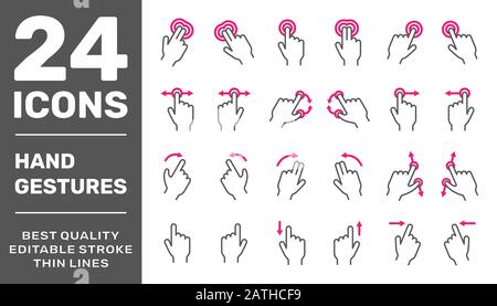 Gesture icons for touchscreen. Simple vector icon set for a mobile app user interface or manual. Linear style. EPS 10 Stock Vector
