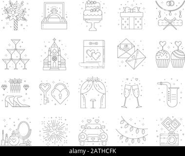 Wedding and Marriage Ceremony Line Icon Set Stock Vector