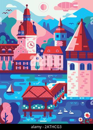 Alps Mountains Town Lucerne Vintage Travel Poster Stock Vector