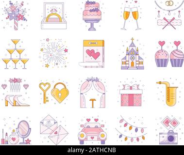 Wedding and Marriage Ceremony Line Icon Set Stock Vector