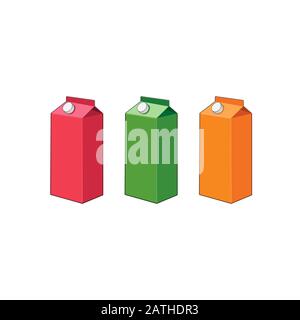 juice box. Blank cardboard package template beverage drink. Vector graphic illustration orange red green Stock Vector