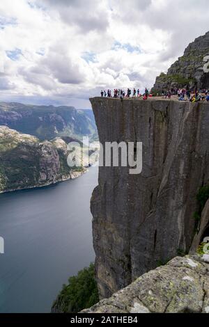 Cliff Preikestolen in fjord Lysefjord - Norway - nature and travel background Stock Photo