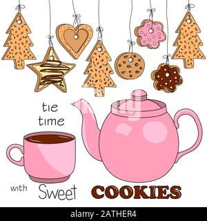 Pink teapot and cup of tea with different kinds of home made cookies hanging on threads Stock Vector