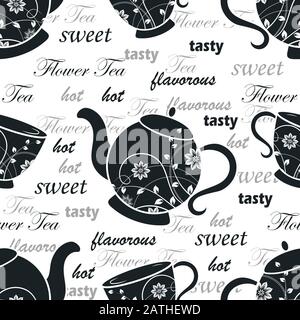 Seamless pattern with teapots and cups with floral design elements. Vector illustration Stock Vector