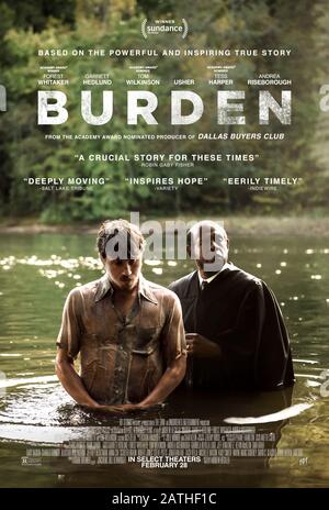 Burden (2018) directed by Andrew Heckler and starring Forest Whitaker, Andrea Riseborough, Garrett Hedlund and Crystal Fox. A local preacher tries to persuade the KKK to abandon its racist past. Stock Photo