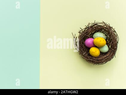 Easter Eggs in a nest with a colourful background Stock Photo