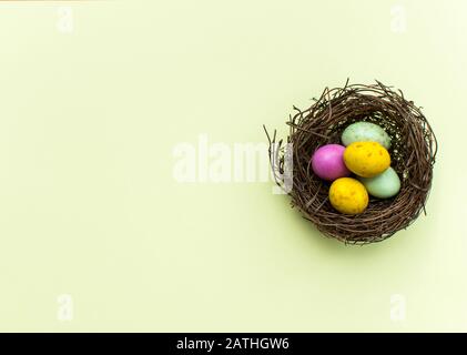 Easter Eggs in a nest with a colourful background Stock Photo