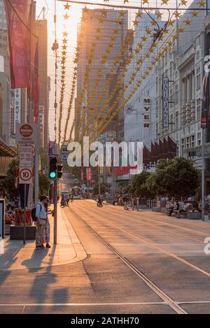 Melbourne, Australia Dec 20th, 2019: Looking up Bourke St from Swanson St, the streets are filled with smoke haze from the New South Wales bushfires. Stock Photo