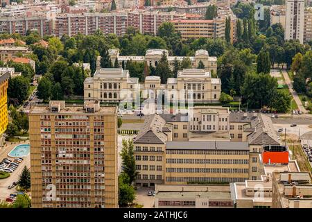 Birds eye view of the National Museum of Bosnia and Herzegovina,in Sarajevo It was established in 1888,four symmetric pavilions with renaissance style Stock Photo