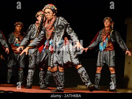 Albanian folk dancers with traditional costumes, celebrating Ramadan in Skopje, Macedonia Stock Photo