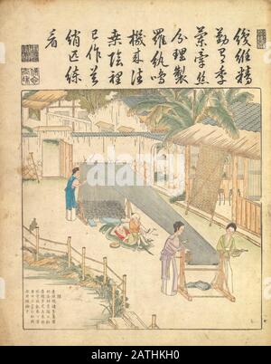 Ancient 17th century Chinese art Silk production Warping and weaving silk From Yu zhi geng zhi tu by Jiao, Bingzhen, 1696 Stock Photo