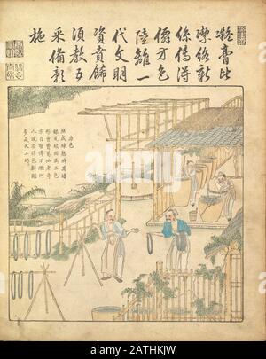 Ancient 17th century Chinese art Silk production Warping and weaving silk From Yu zhi geng zhi tu by Jiao, Bingzhen, 1696 Stock Photo