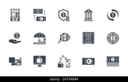 Banking icons set. Related vector glyph icons. Stock Vector