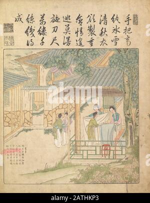 Ancient 17th century Chinese art Silk production Warping and weaving silk From Yu zhi geng zhi tu by Jiao, Bingzhen, 1696 Stock Photo