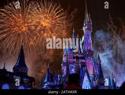Orlando, USA - january 19, 2020: Disney park with colorful firework show at night time Stock Photo