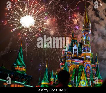 Orlando, USA - january 19, 2020: Amazing castle at disney park with colorful fireworks at night Stock Photo