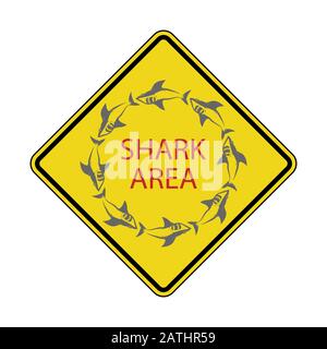 Danger Shark Zone. Beware of Sharks. Yellow Square Warning Sign. Dangerous Sea Life. Swim at Own Risk. High Risk Area Stock Photo